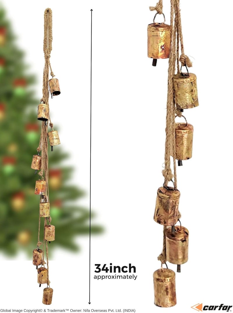 Carfar Shabby Chic Vintage Country Rustic Style Bells Cluster Hanging Handmade Metal Harmony Christmas Hanging Cow Bells on Jute Rope (1, Small Cylinder) - Image 3